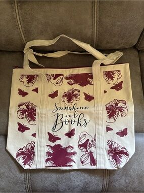 Canvas Tote Bag - Cream with Burgundy Floral Print